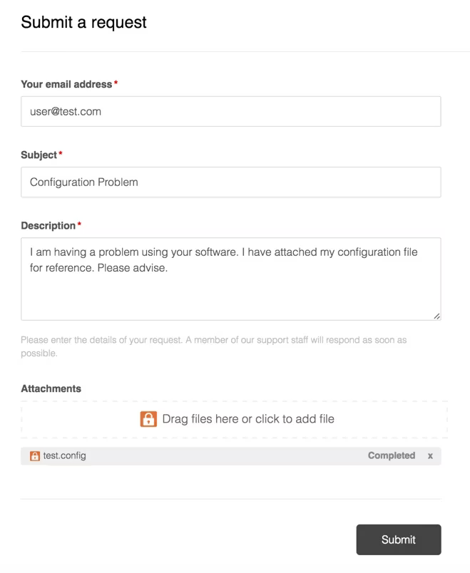 Zendesk ticket showing uploading of files securely with SendSafely integration.